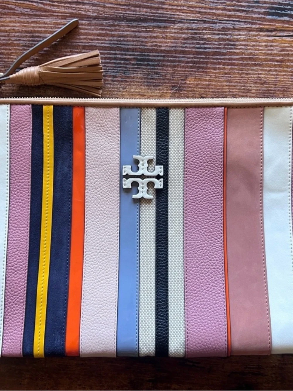 Tory Burch Multistripe Leather Wristlet with Tassel